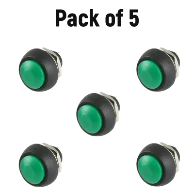 Green Waterproof Push Button PBS- 33B 12MM 2PIN Self-Reset Mini Round (Pack of 5) Best Quality
