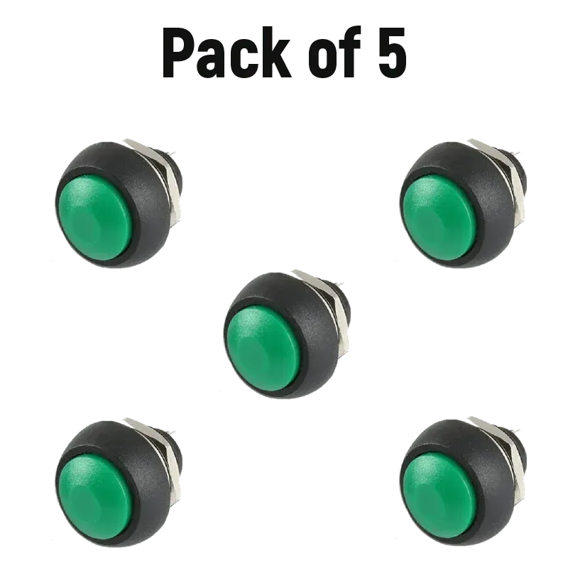 Green Waterproof Push Button PBS- 33B 12MM 2PIN Self-Reset Mini Round (Pack of 5) Best Quality